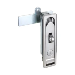 Chapa push cromada con ojal para candado, ideal para gabinetes y paneles eléctricos. Cierre rápido y opción de bloqueo externo para mayor seguridad.