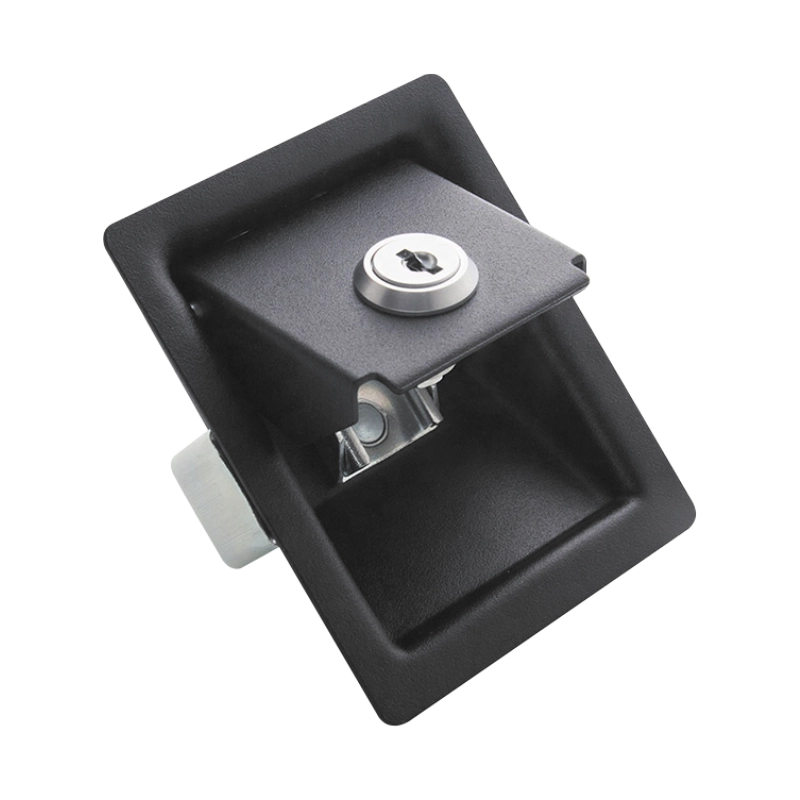 Chapa negra con llave para puerta MS738. Ideal para gabinetes y paneles industriales con cierre seguro y fácil instalación.