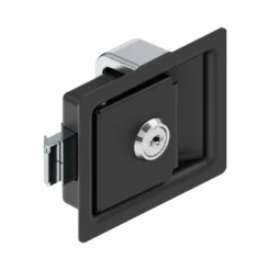 Chapa negra con llave para puerta MS738. Ideal para gabinetes y paneles industriales con cierre seguro y fácil instalación.