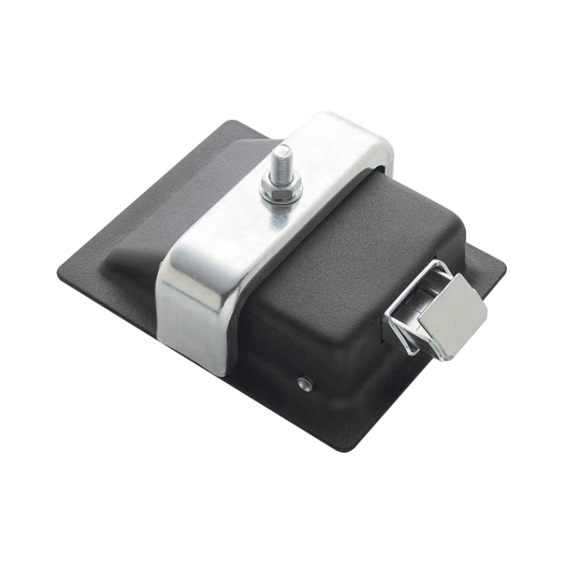 Chapa negra con llave para puerta MS738. Ideal para gabinetes y paneles industriales con cierre seguro y fácil instalación.