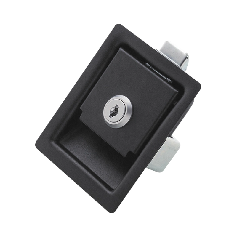 Chapa negra con llave para puerta MS738. Ideal para gabinetes y paneles industriales con cierre seguro y fácil instalación.